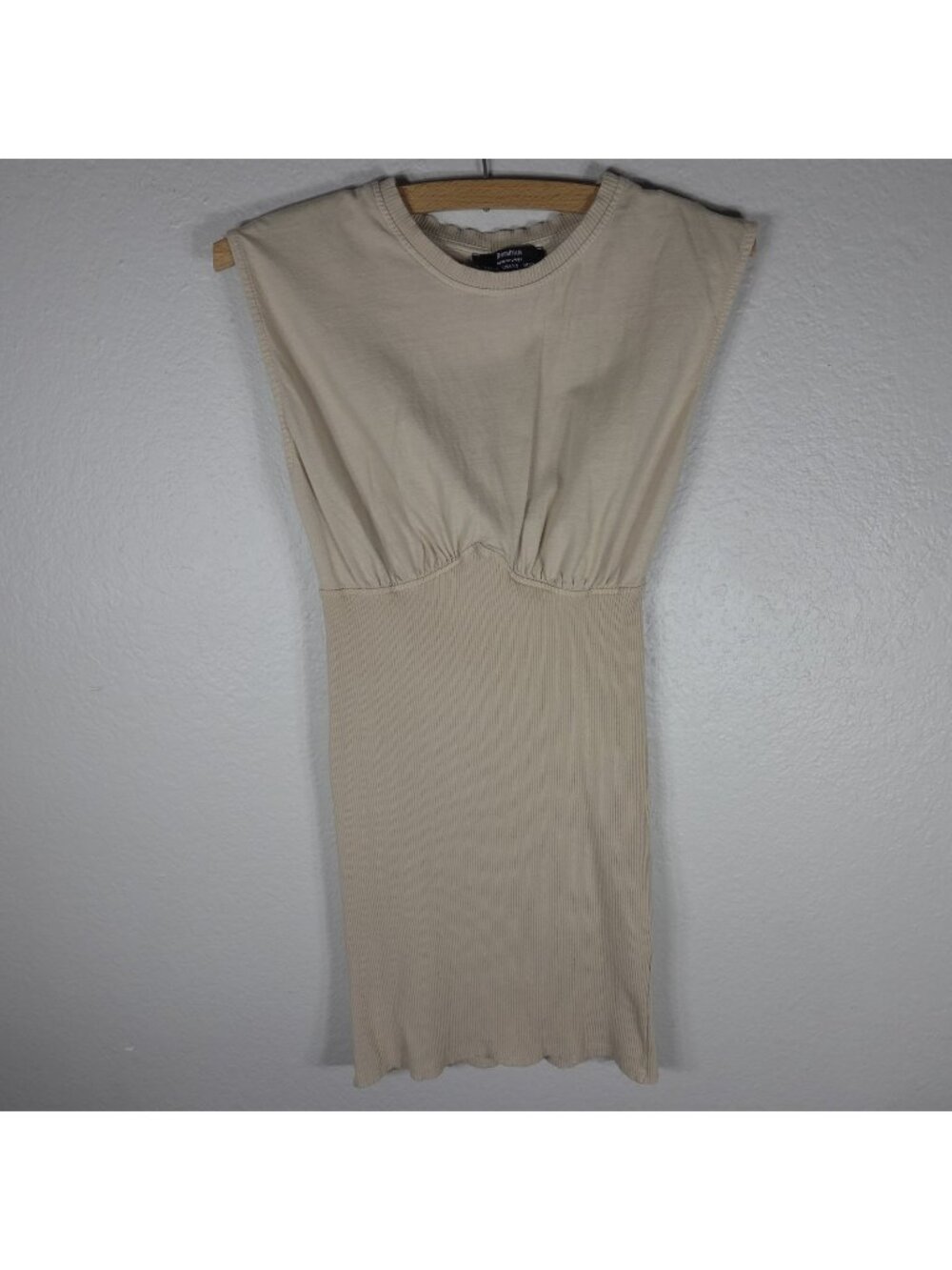 Bershka Women’s Tan XS Ribbed Cotton Sleeveless Bodycon Day Dress Midi